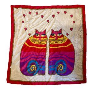 Laurel Burch Whimsical Kitty Cat Pair Hearts White Feline Silk Scarf Square 33”